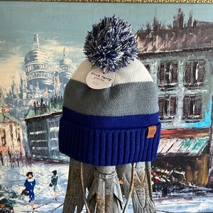 NWT Britt’s Knits Kid’s Block Party Pom Hat Blue Grey White Cozy Lining Ages 3+